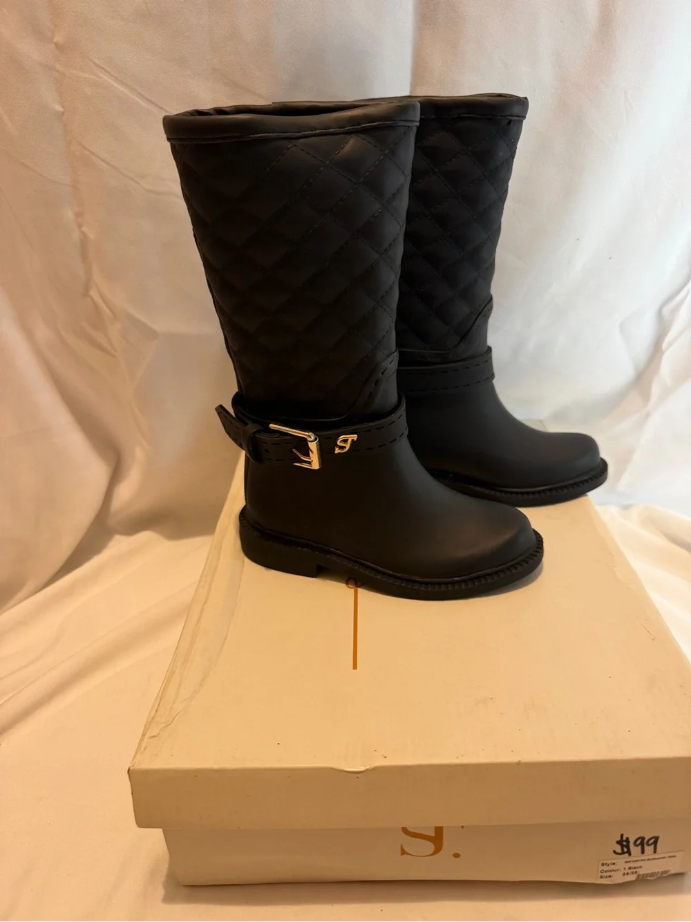 NWT Girls Quilted Rain Boots Black Buckle Size 7 Toddler EU 24 25 Waterproof